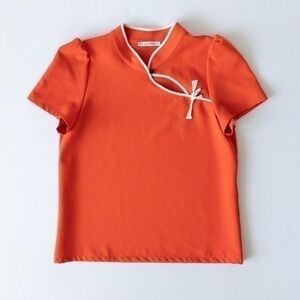 Zara Orange White Trim Mandarin Collar Cap Sleeves Qipao Top, NWOT, Small